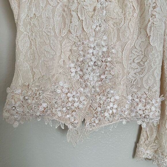 Vintage Formal Coquette Lace Beaded Embroidered Soft Pink Floral Button Blazer - Picture 5 of 8